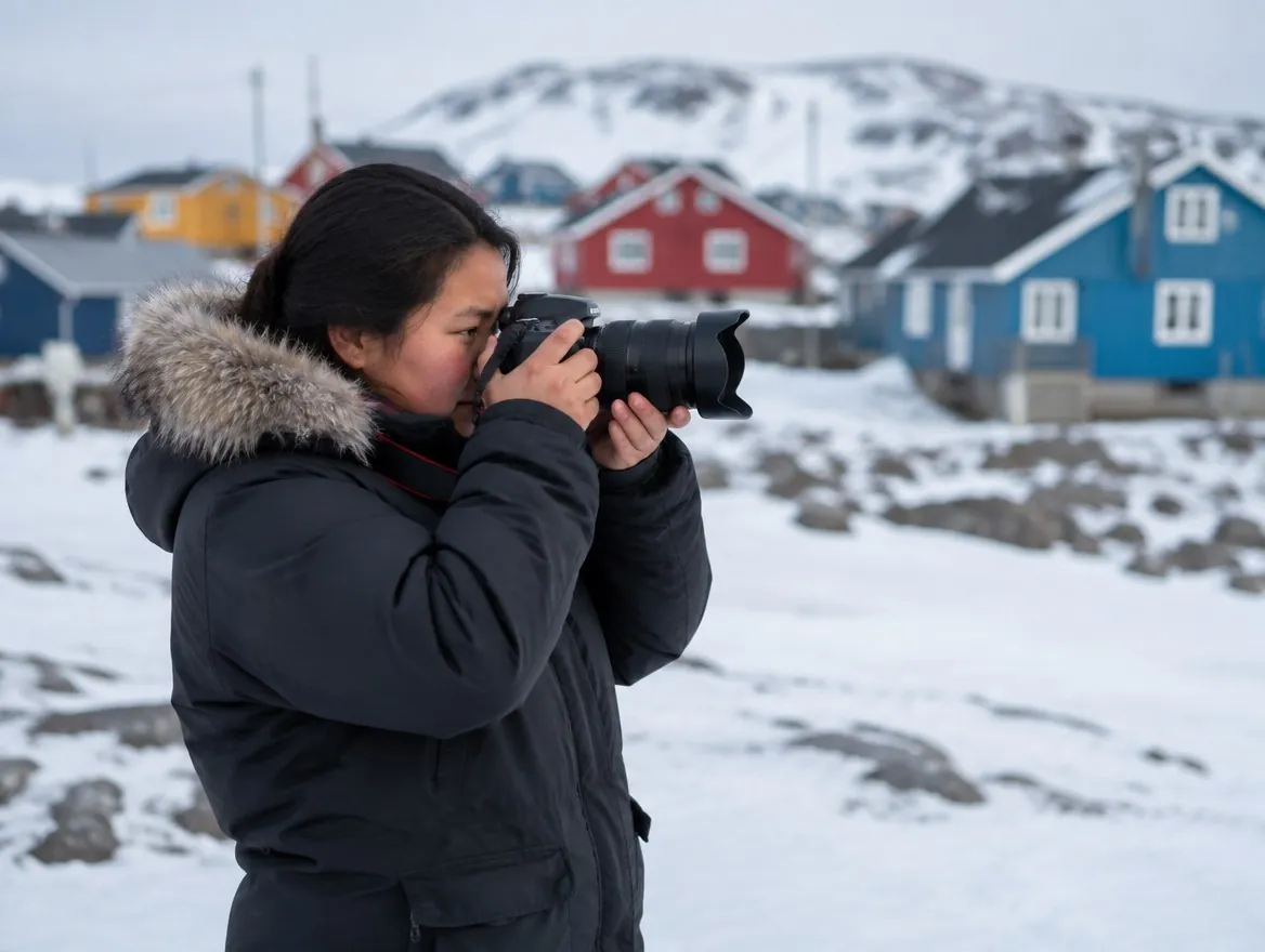 Inuk photographer with a camera in a snowy Nunavut community