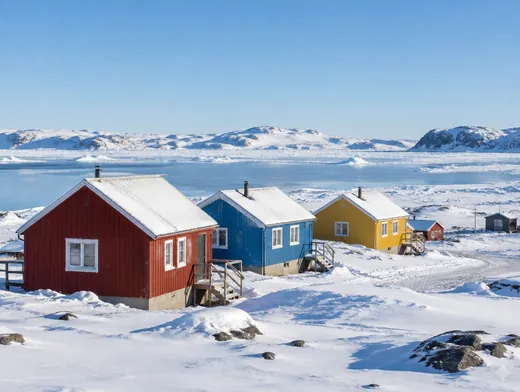 Colourful houses in a Nunavut community in winter