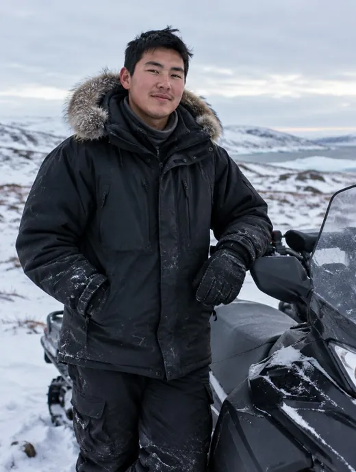 Young Inuk man in a parka beside a snowmobile
